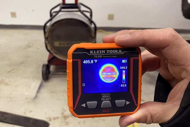 Klein Thermal Imager measuring the SunFire SF120 Radiant Portable Diesel Heater's ability to produce up to 120,000 BTUs of heat